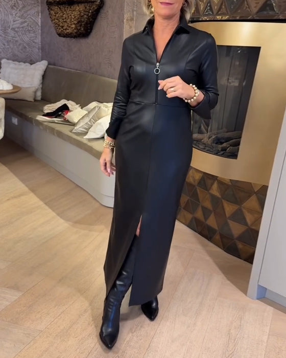 Kleid Revers Reißverschluss Pu Modisch