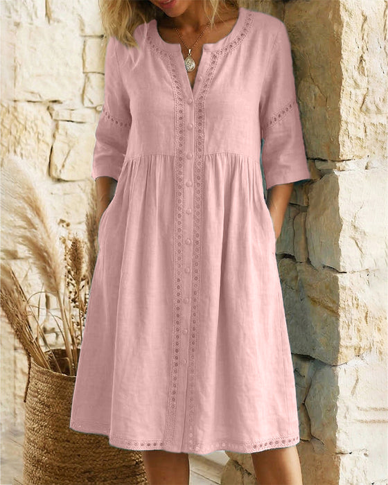 Kleid 100% Baumwolle Durchbrochen V-Ausschnitt Knopfleiste
