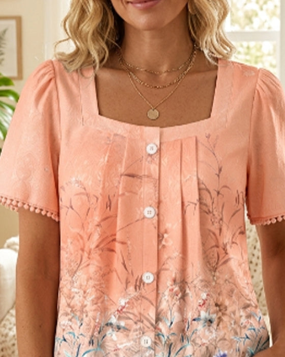 Bluse Quadratischer Ausschnitt Gerafft Druck Franse