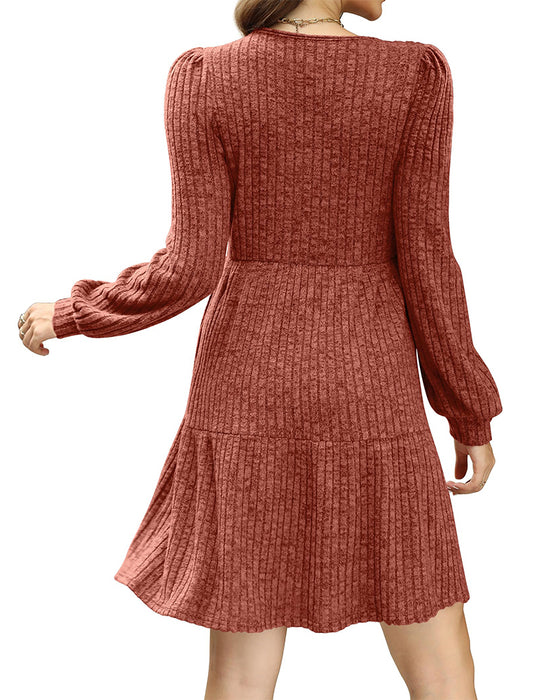 🍂2025 Herbst Neue Kollektion⏰ Damenkleid mit Quadrat-Ausschnitt, Laternenärmeln und Rippstruktur