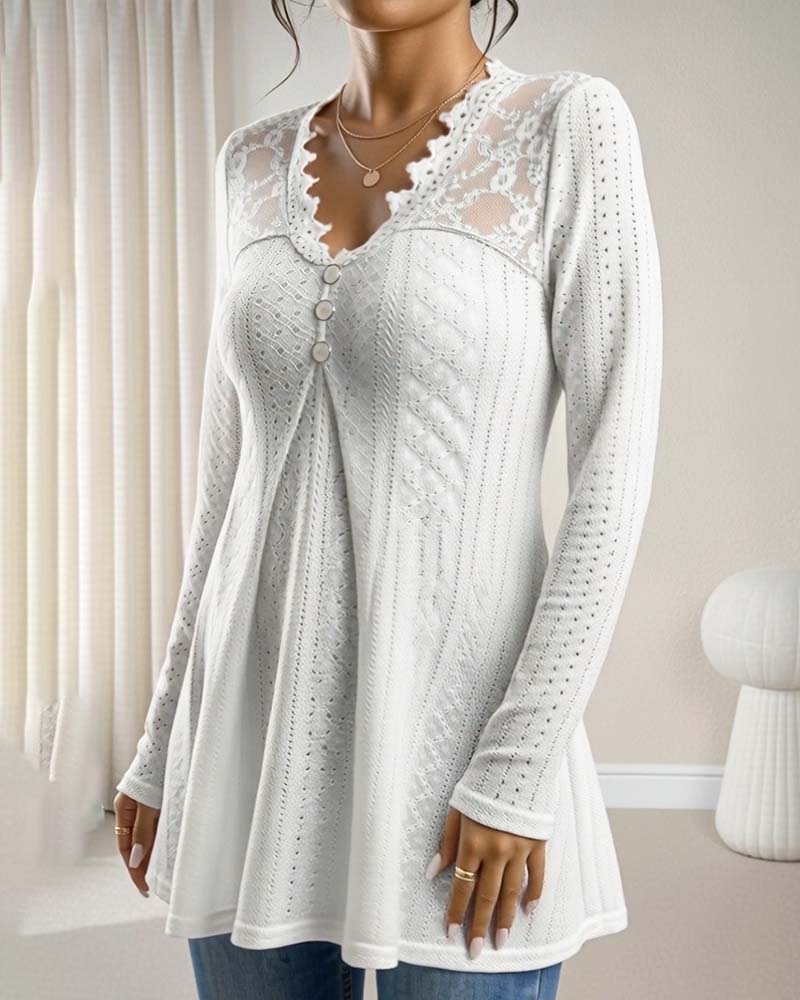 Top Spitzenbesatz V-Ausschnitt Knöpfli