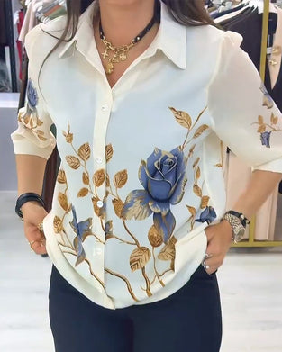 Bluse Revers Puffärmel Knopfleiste