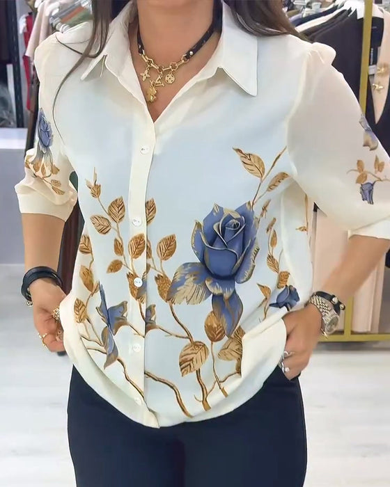 Bluse Revers Puffärmel Knopfleiste