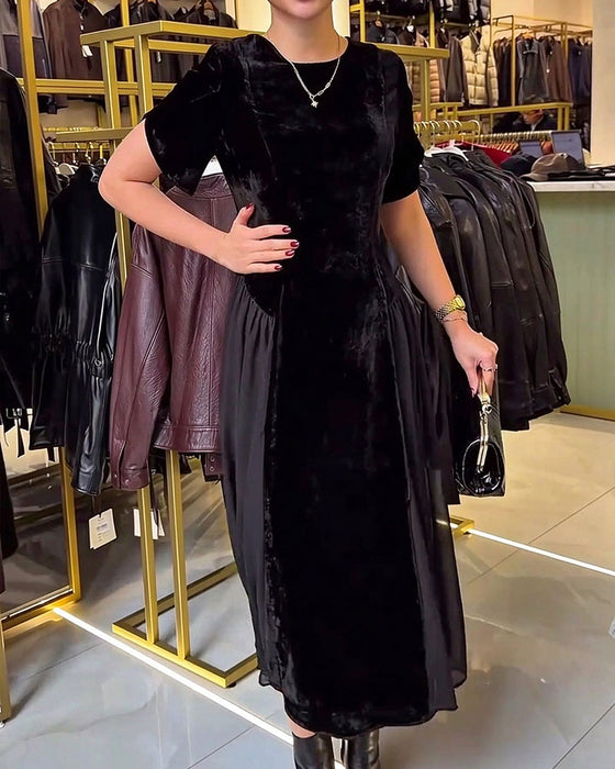 Kleid Rundhals Plissiert Slim Fit Großer Rock