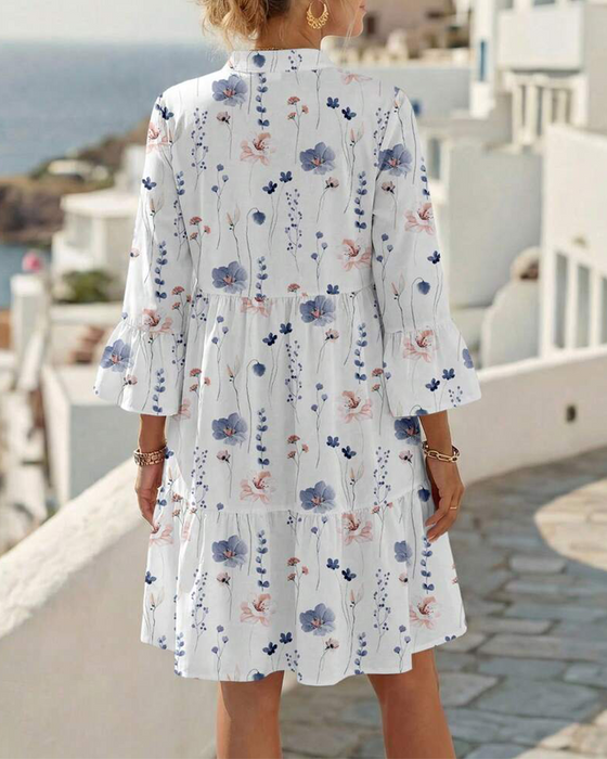 Kleid V-Ausschnitt Blumig Druck Midi