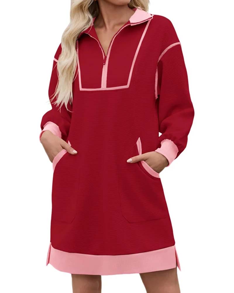 Kleid Halb Zip Langarm Farbblock Kurz