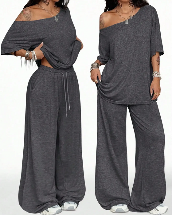 Set Schräger Hals Kordelzug In Der Taille Weit Bein Hose