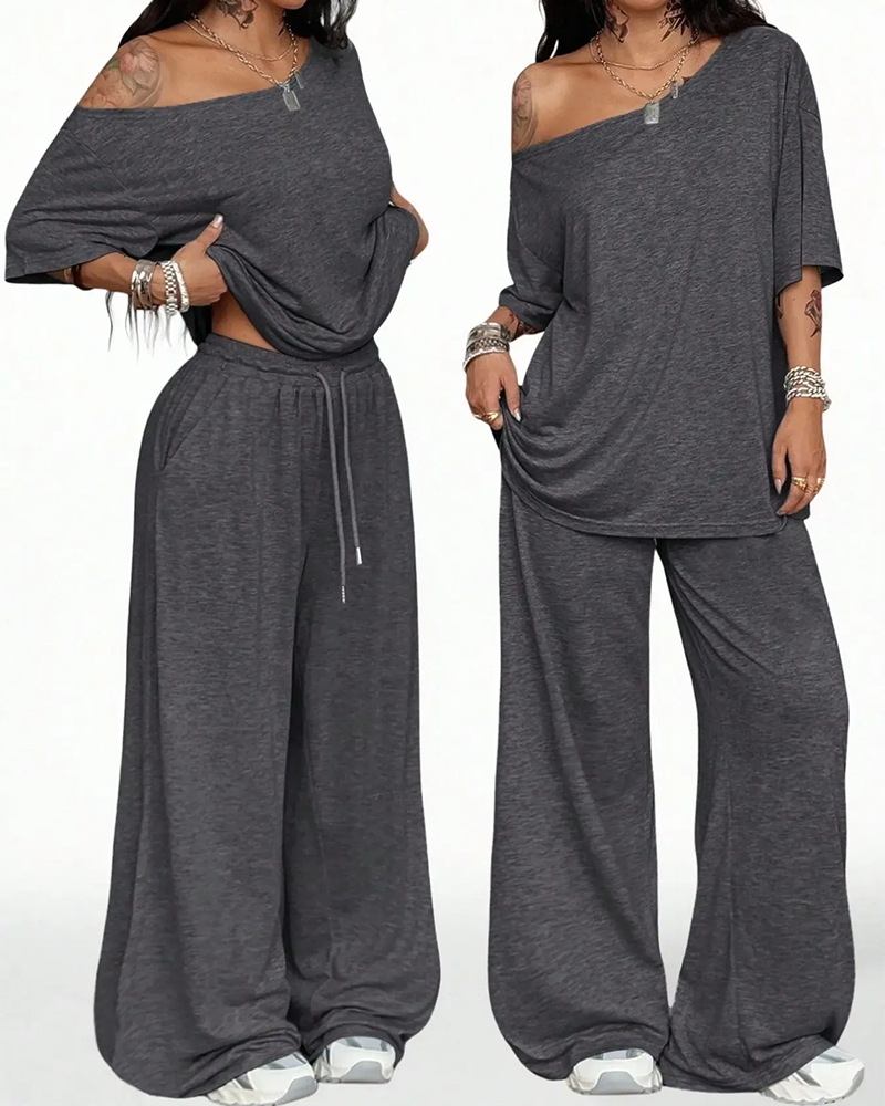 Set Schräger Hals Kordelzug In Der Taille Weit Bein Hose