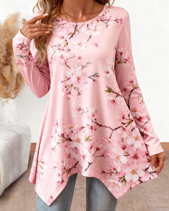 Bluse Rundhals Blumen Langarm