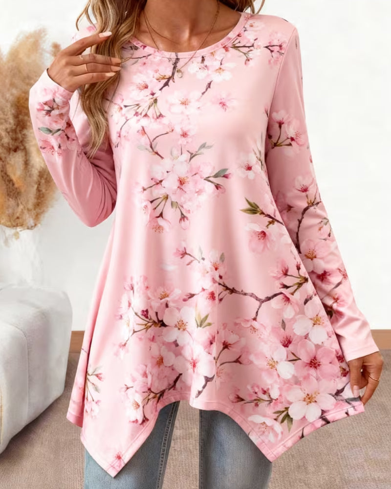 Bluse Rundhals Blumen Langarm