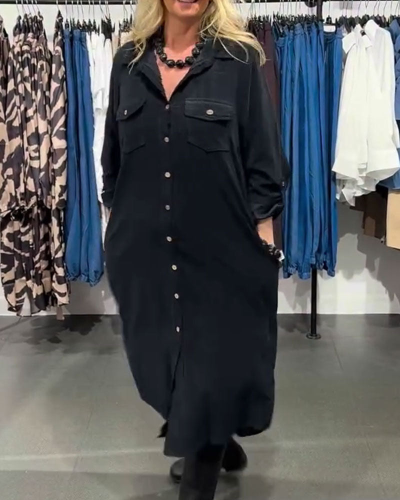 Kleid Revers Tasche Geknöpft Lang Hemd