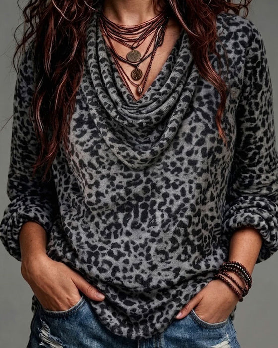 Bluse Mock-Kragen Leopard Langarm