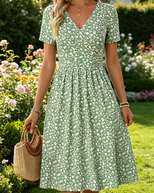 Kleid V-Ausschnitt Kurzarm Kleine Blumen