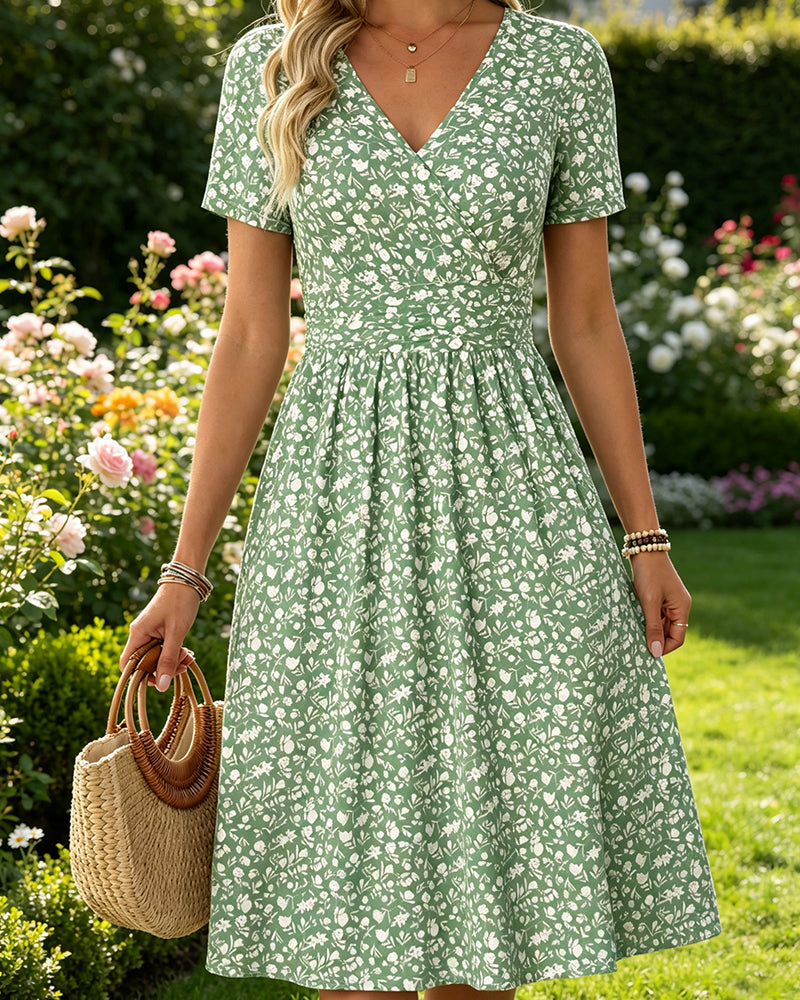 Kleid V-Ausschnitt Kurzarm Kleine Blumen