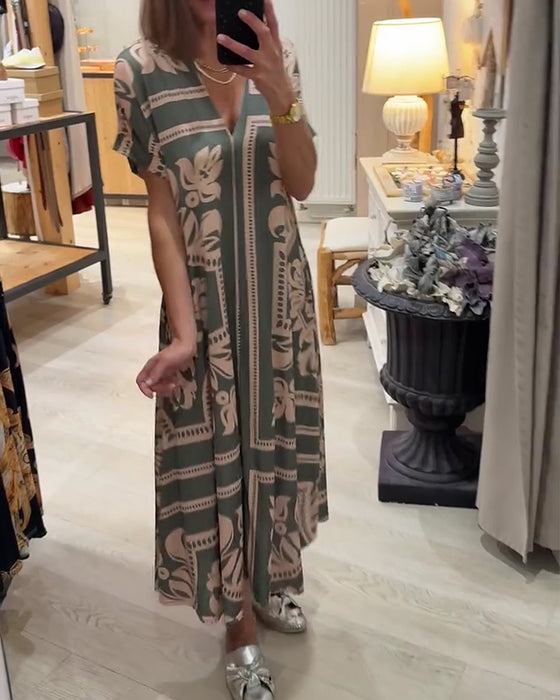 Kleid V-Ausschnitt Weiter Rock Kurzarm
