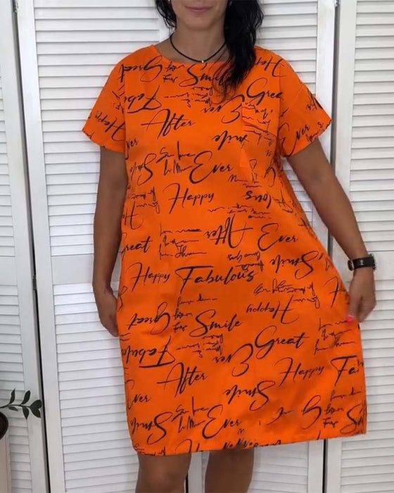 Kleid Rundhalsausschnitt Schriftzug Kurzarm
