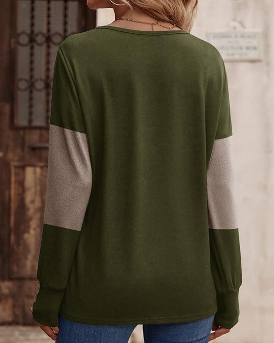 T-Shirt Damen Colorblock Druck Knopf Deko Fallende Schulter