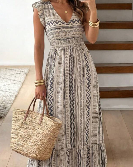 Kleid Geometrisch Druck Tailliert Flügelärmel Maxi
