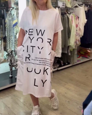 Kleid Lose Kurzärmelig Bedruckt Große Tasche