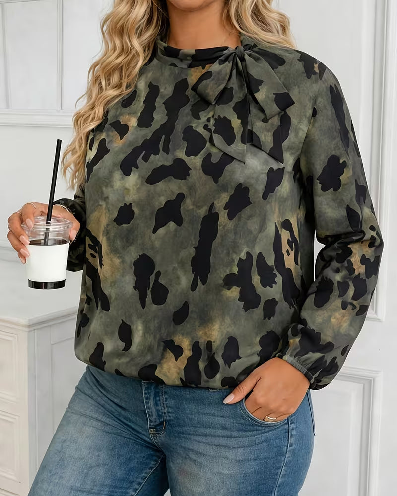 Bluse Tarnung Leopard Druck Schal Binden Puffärmel