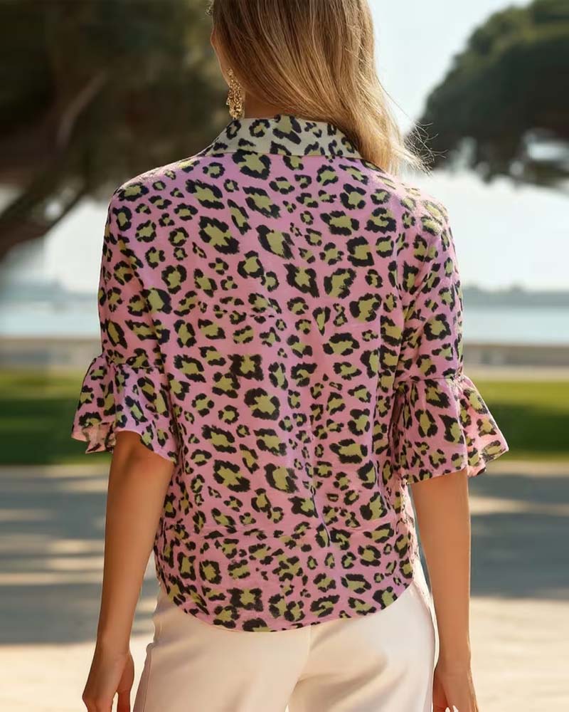 Bluse Leopardenprint modischer Reverskragen