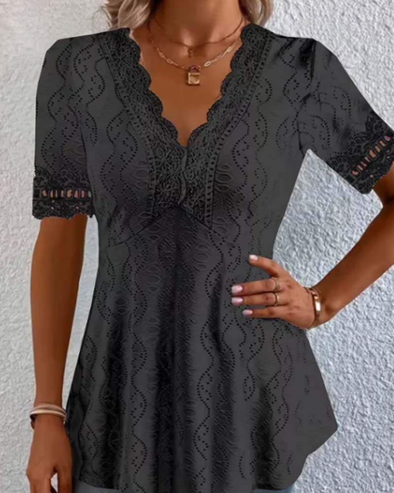 Bluse Spitze V-Ausschnitt Hohler Ausschnitt