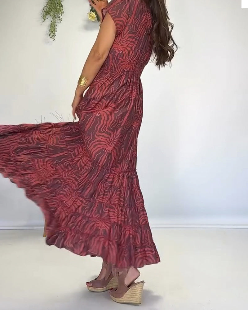 Kleid Boho V-Ausschnitt Plissiert Lang