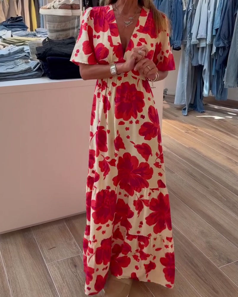 Kleid Tief V Resort Taille Gedruckt