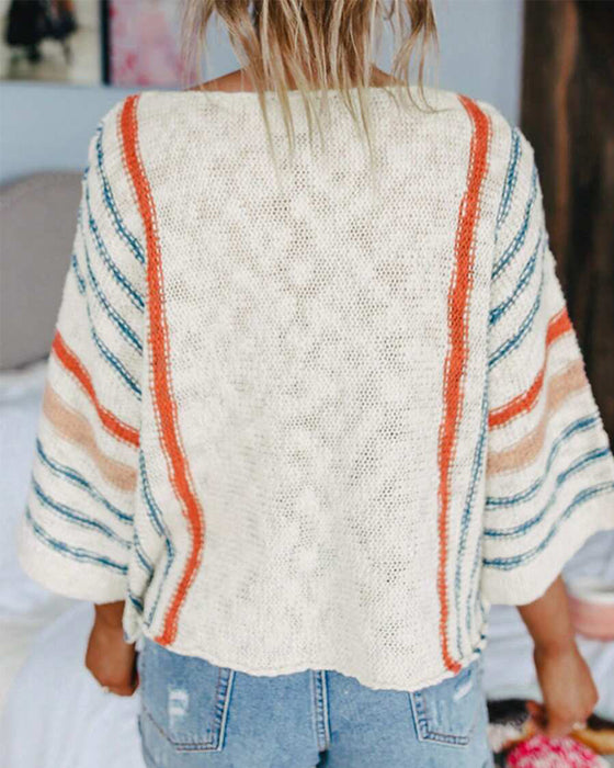 Locker Geschnittener Gestreifter Kontrastpullover
