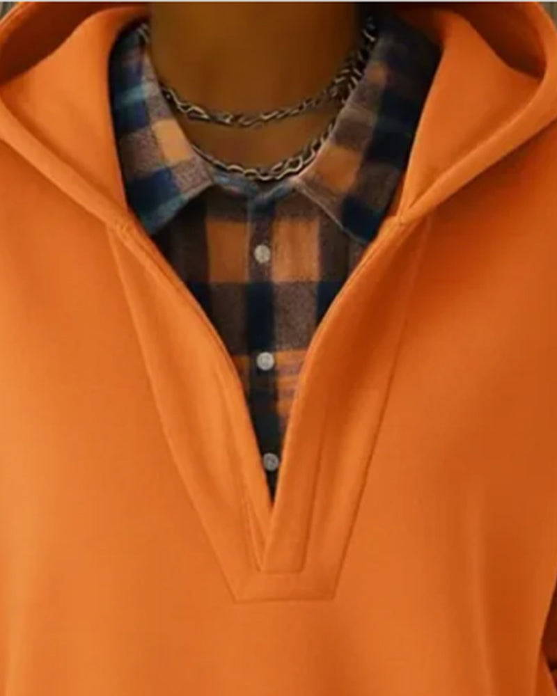 Kapuzenpullover Fake-Zweiteiler kariertes Patchwork