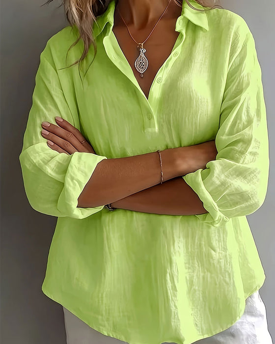 Bluse Einfarbig Revers Halbe Knopfleiste Langarm