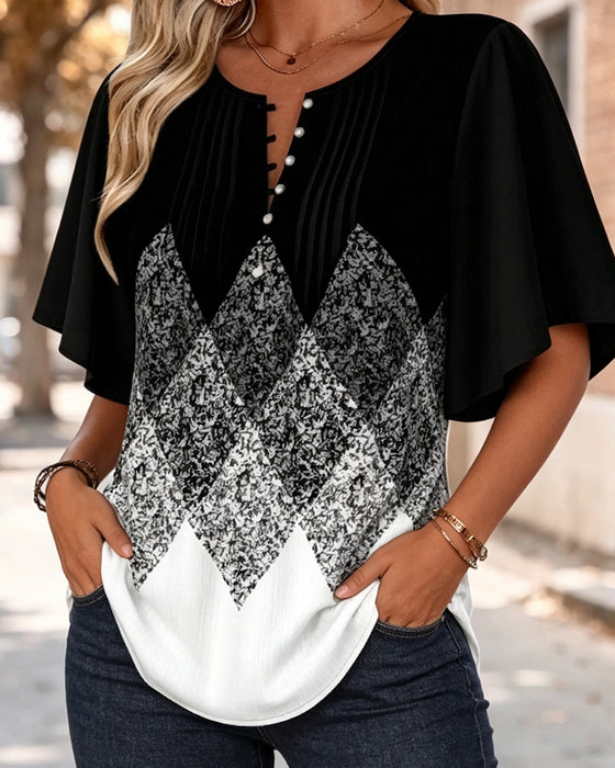 T-Shirt Mit Diamantmuster-Gradientendruck Und V-Ausschnitt