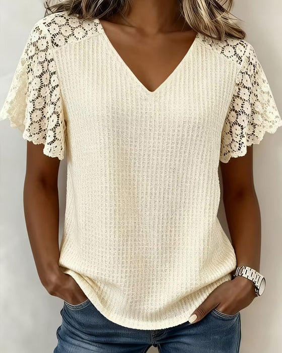 T-Shirt V-Ausschnitt Waffel Spitze Patchwork Uni
