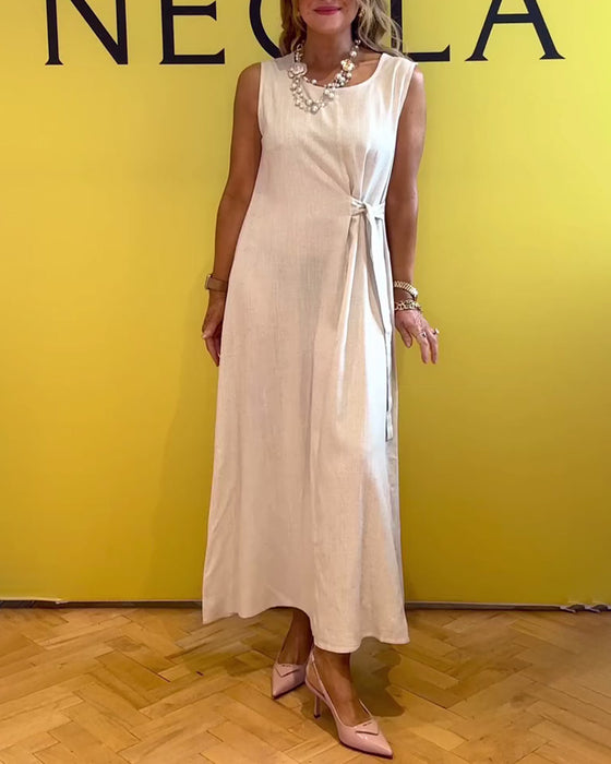 Kleid ärmellos Baumwolle und Leinen Taille einfarbig