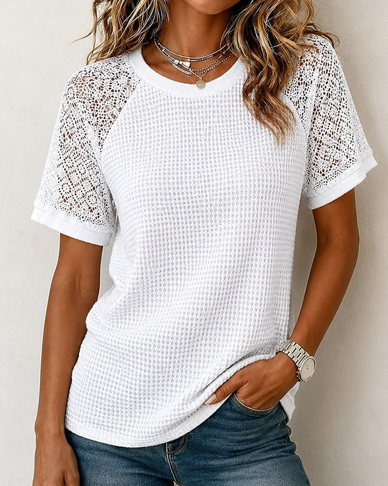 T-Shirts Rundhals Waffel Spitze Patchwork
