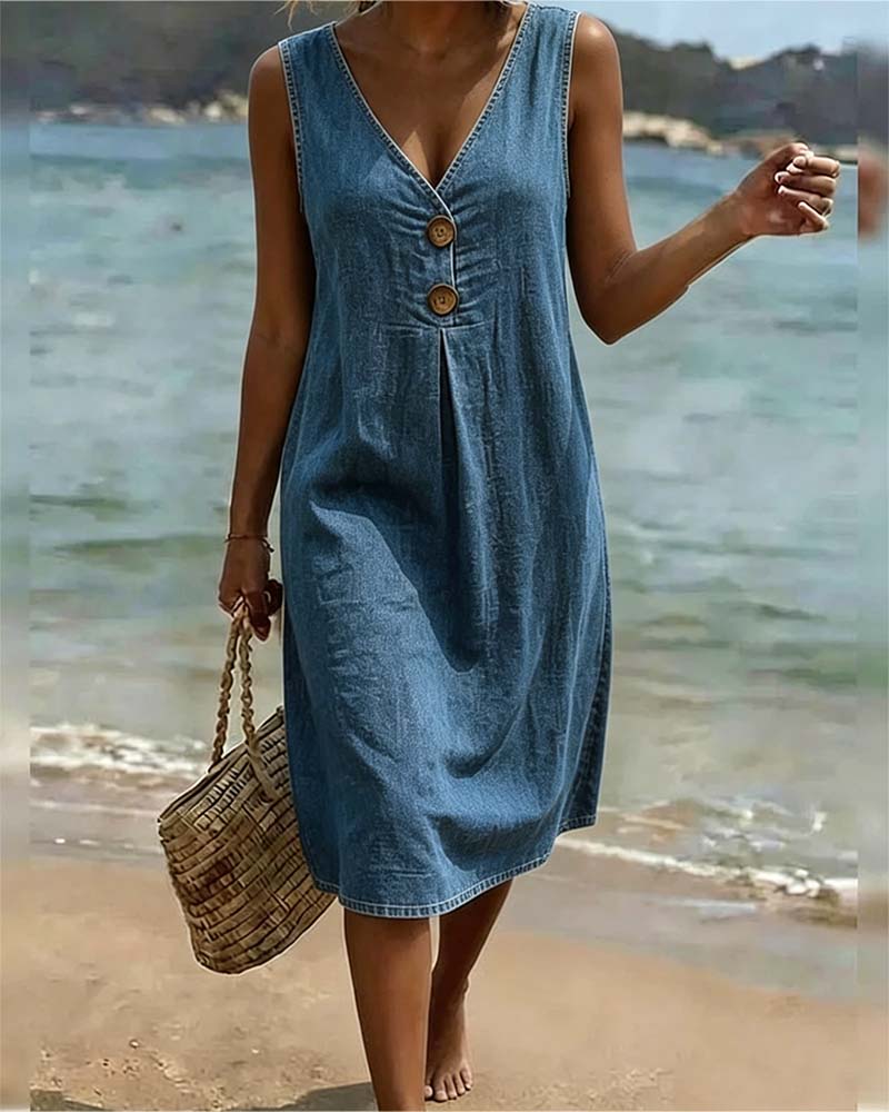 Kleid Denim V-Ausschnitt ärmellos