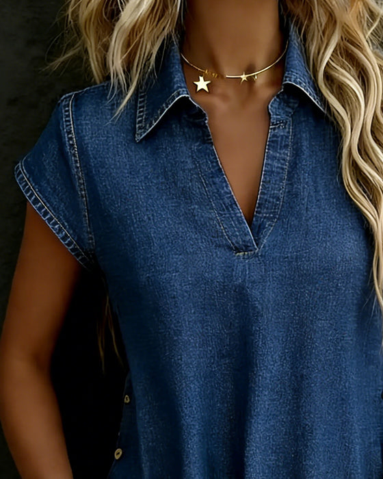 Blusen V-Ausschnitt Kurzarm Denim Knopf