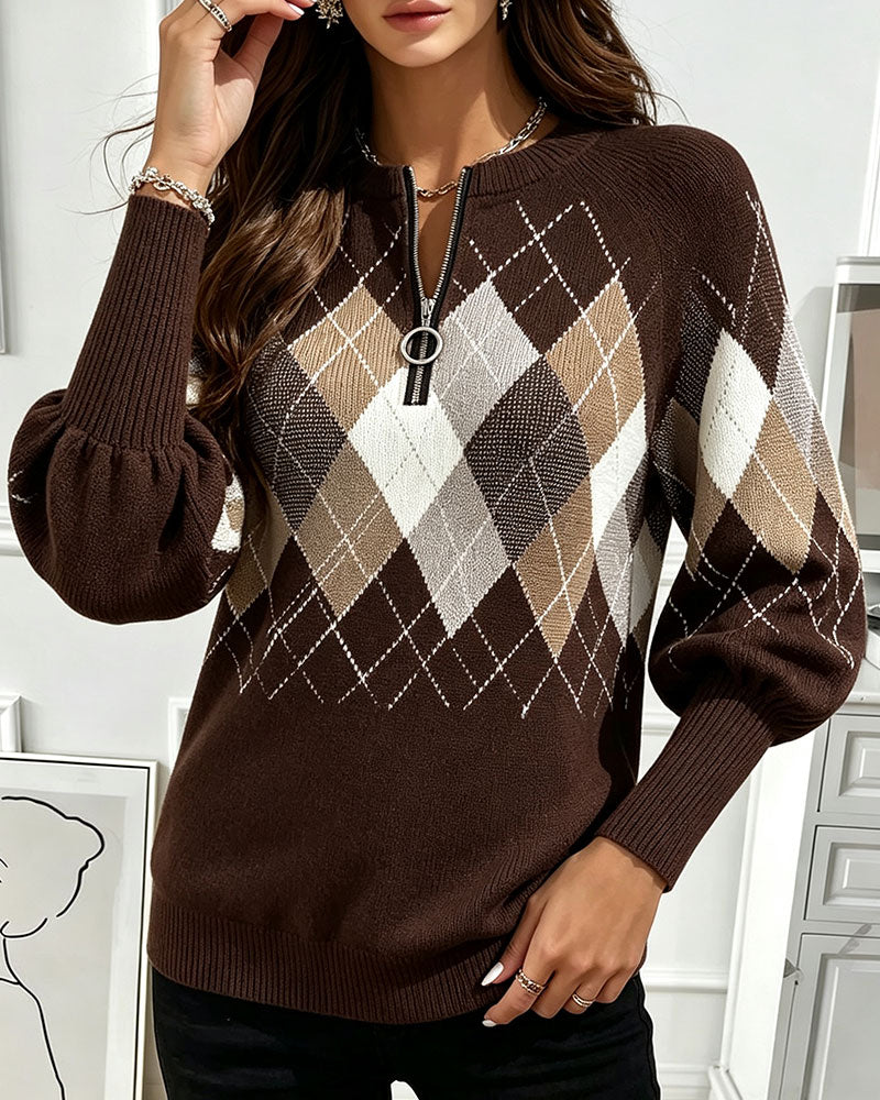 Pullover Karomuster Jacquard Halb-Zip Laternenärmel