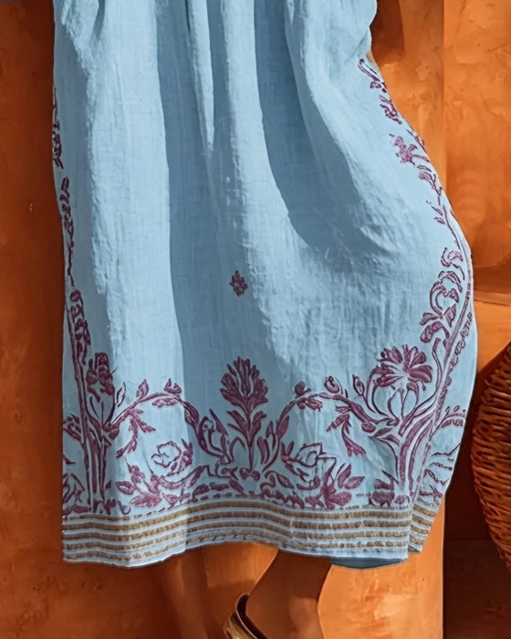 Kleid V-Ausschnitt Ethno-Print Loose Fit