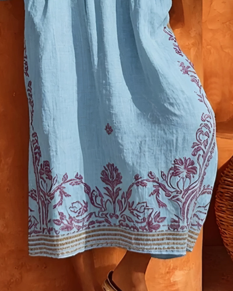 Kleid V-Ausschnitt Ethno-Print Loose Fit