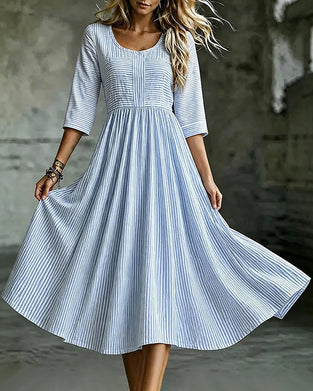 Kleid Gestreift Rundhals Hohe Taille Dreiviertelärmel