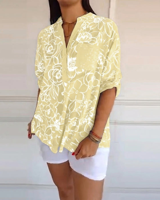 Bluse V-Ausschnitt Button-Down Bedruckt