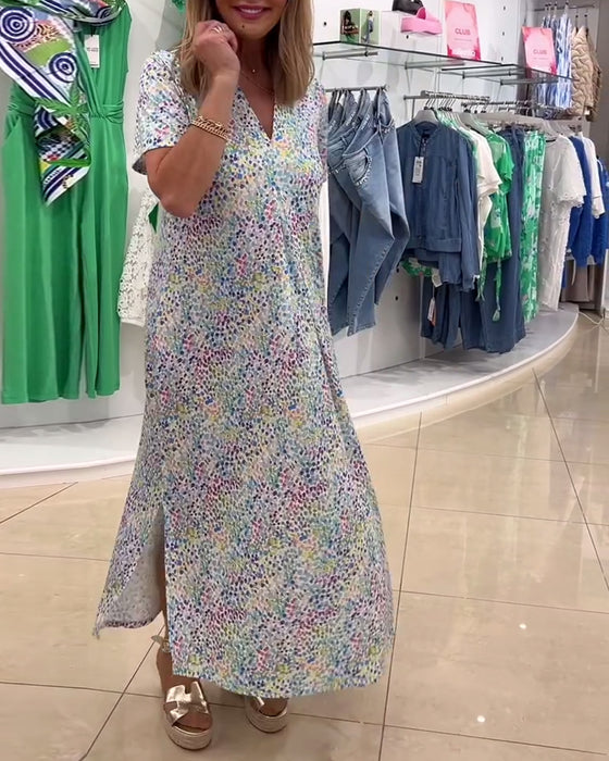 Kleid V-Ausschnitt Kurzärmelig Blumen