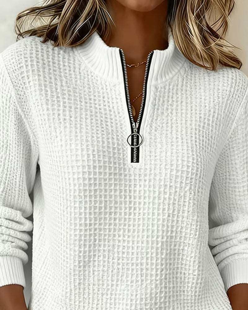 Sweatshirt Stehkragen Reißverschluss Langarm Waffel