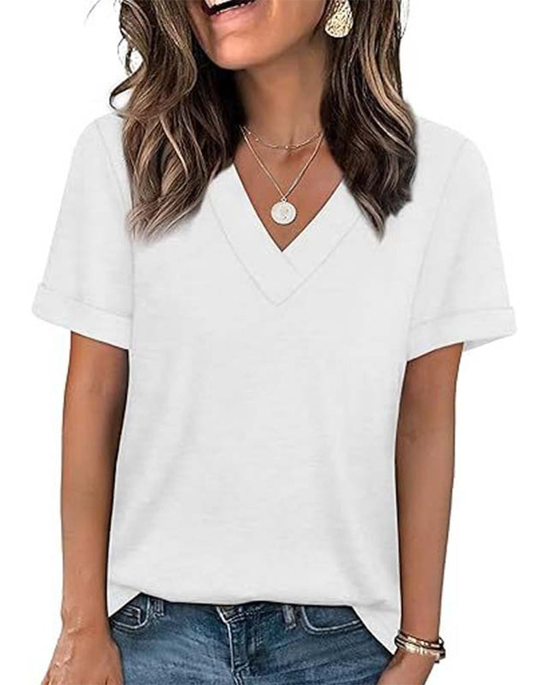 T-Shirt Einfarbig V-Ausschnitt Lässig Kurzarm