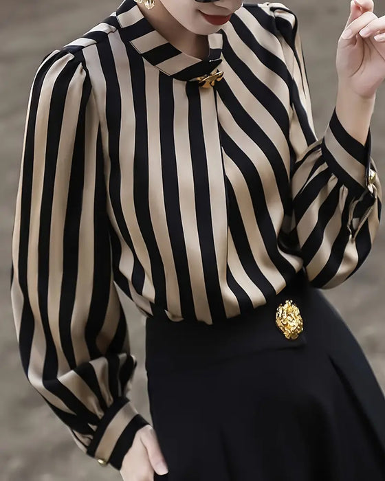 Bluse Drapierung Stehkragen gestreift