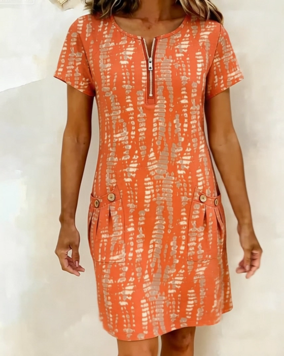 Kleid Bedruckt Halb-Reißverschluss Große Tasche