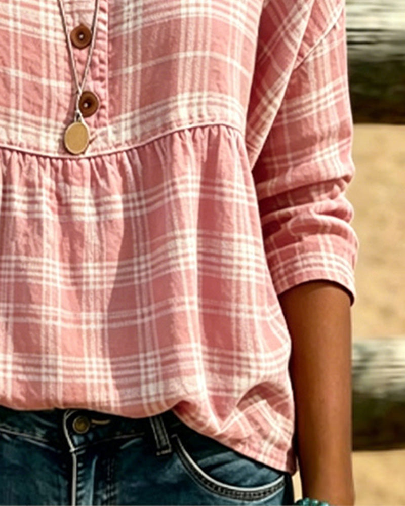Bluse Vintage Karo V-Ausschnitt