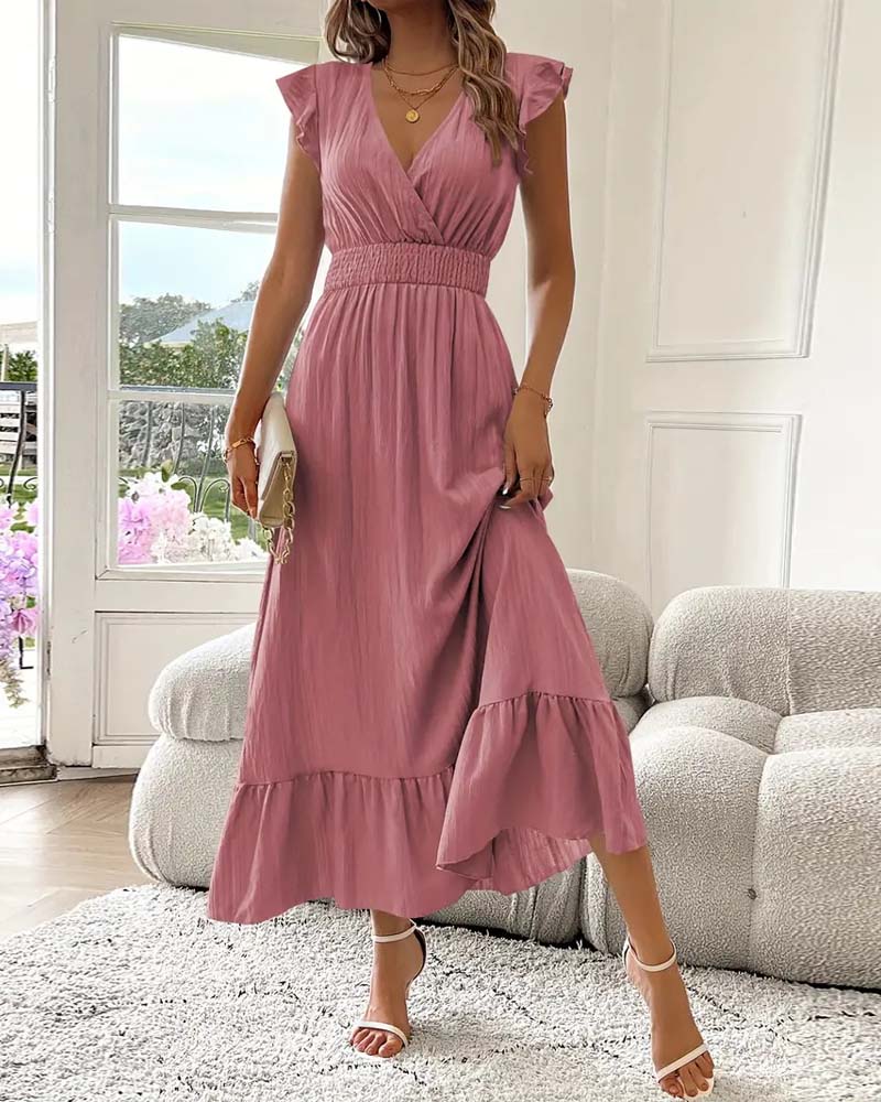 Kleid V-Ausschnitt Einfarbig Tailliert