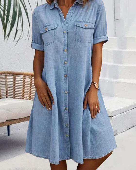 Kleid Kurzarm Kragen Einfarbig Knopf